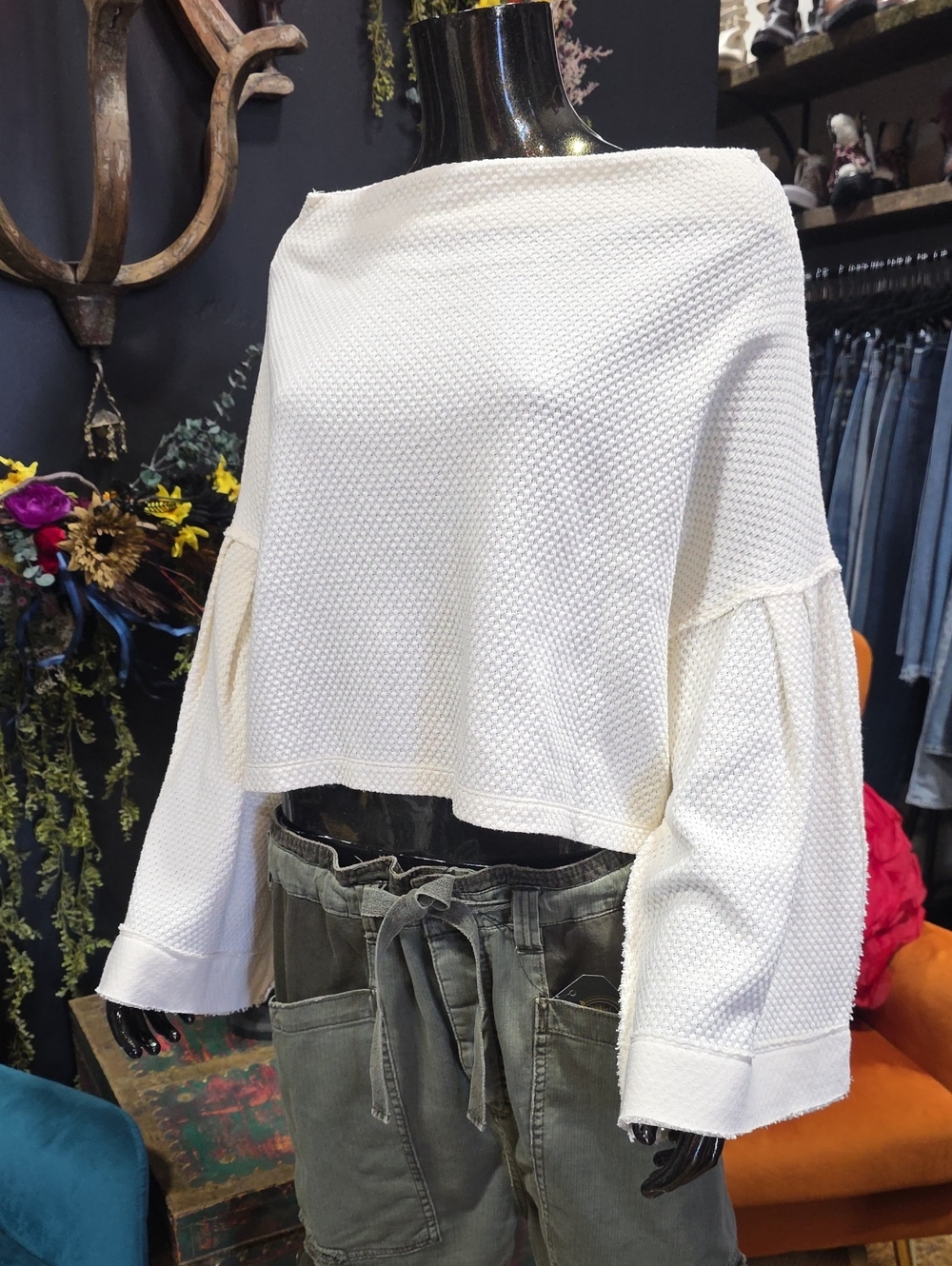Free People Embroidered Thermal Bell Sleeve Top